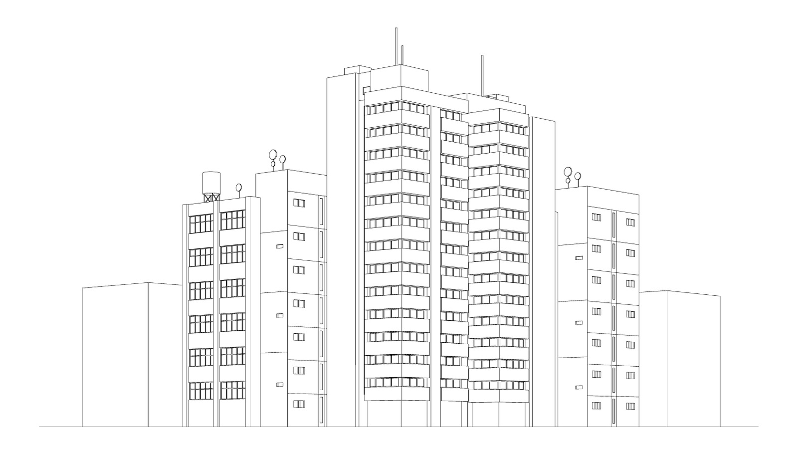 Architectural line drawing of a modern multi-storey building